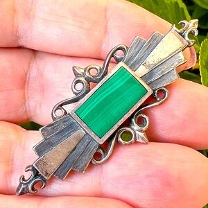 VINTAGE KBN KABANA STERLING SILVER ART DECO GEOMETRIC STYLE MALACHITE BROOCH PIN